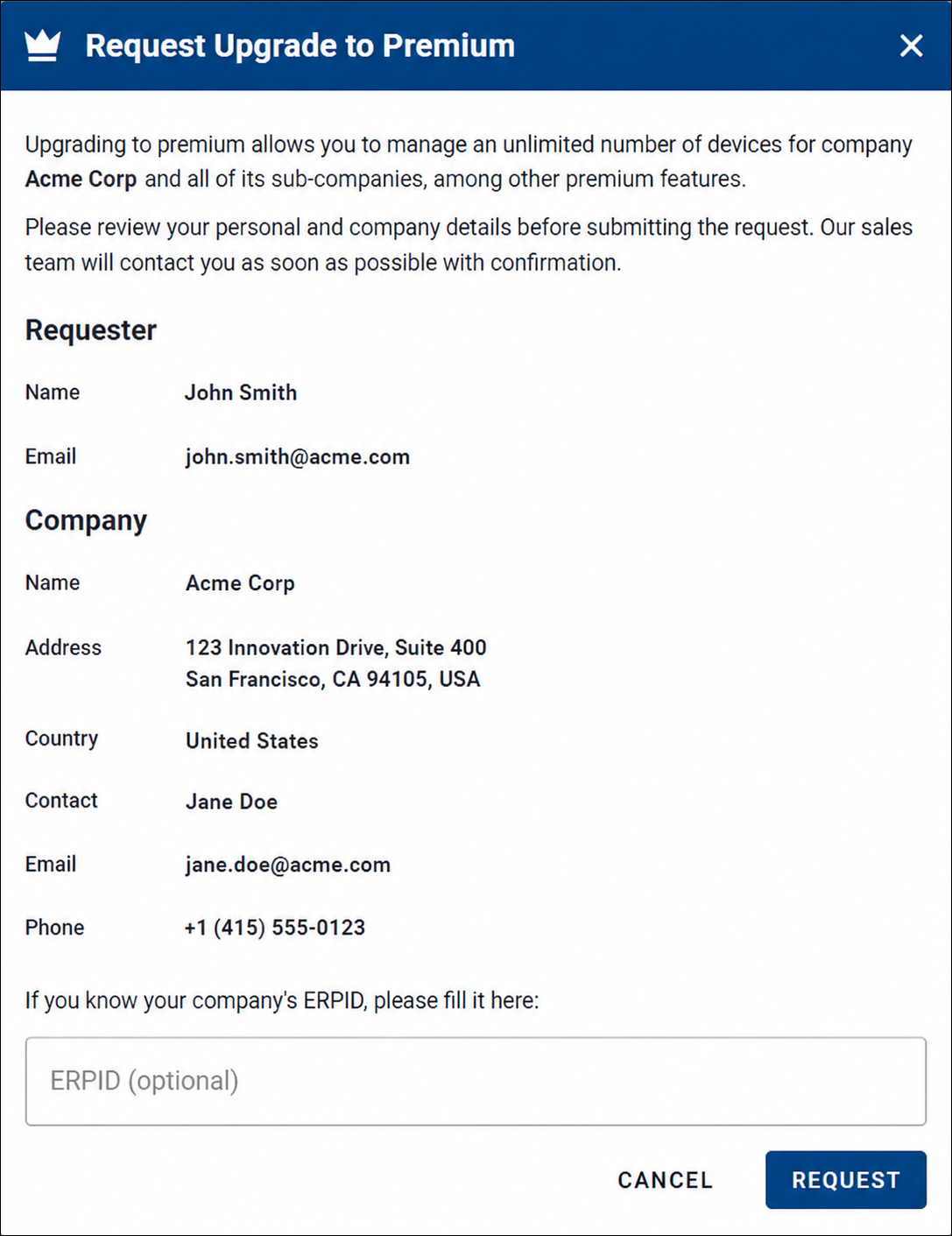 Request upgrade form