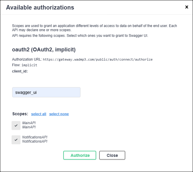 Available authorizations dialog