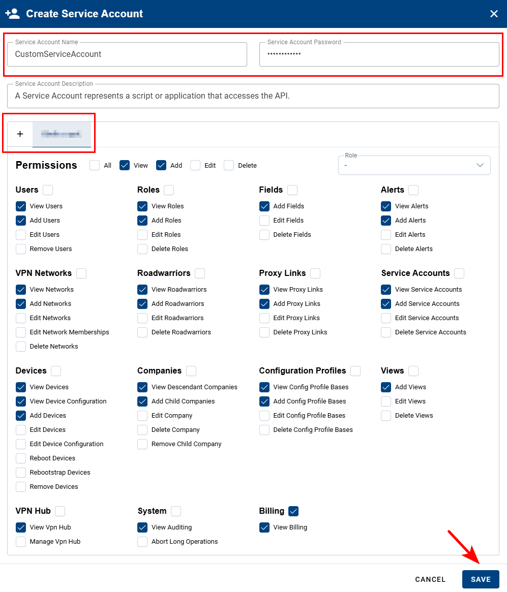 Service Account Menu