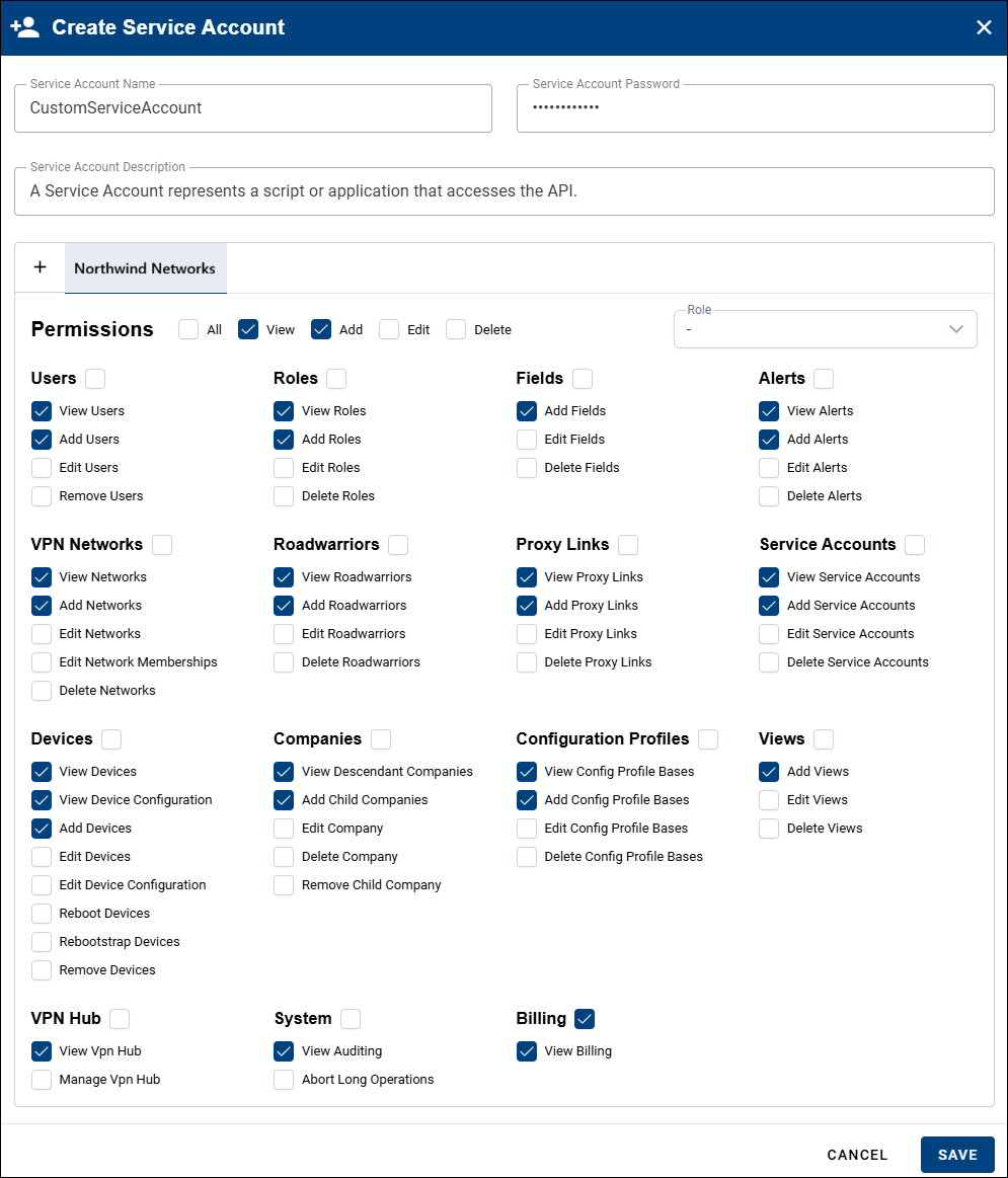 Service Account Menu