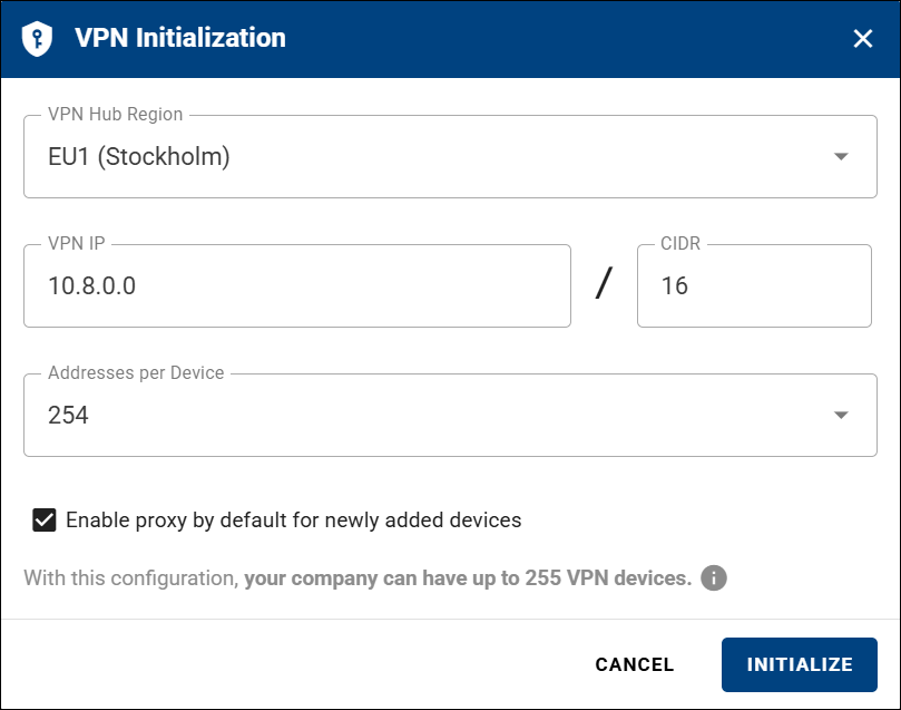 VPN initialization form